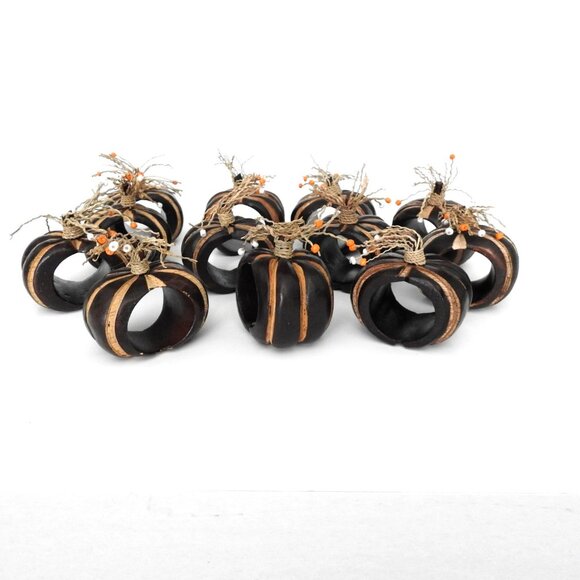 Carved Wood Pumpkin Napkin Rings Set of 8 Pier 1 Imports Beads - Picture 3 of 8
